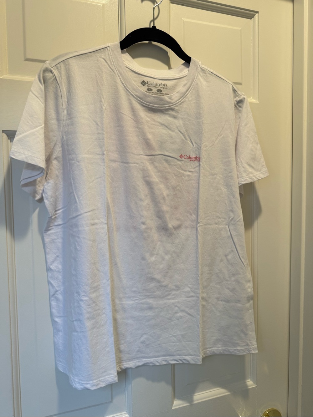 Columbia White Short-Sleeve Tee with Small Pink Logo